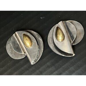 Vintage Taxco Sterling Silver Two Tone Modernist Clip On Earrings 24.5g